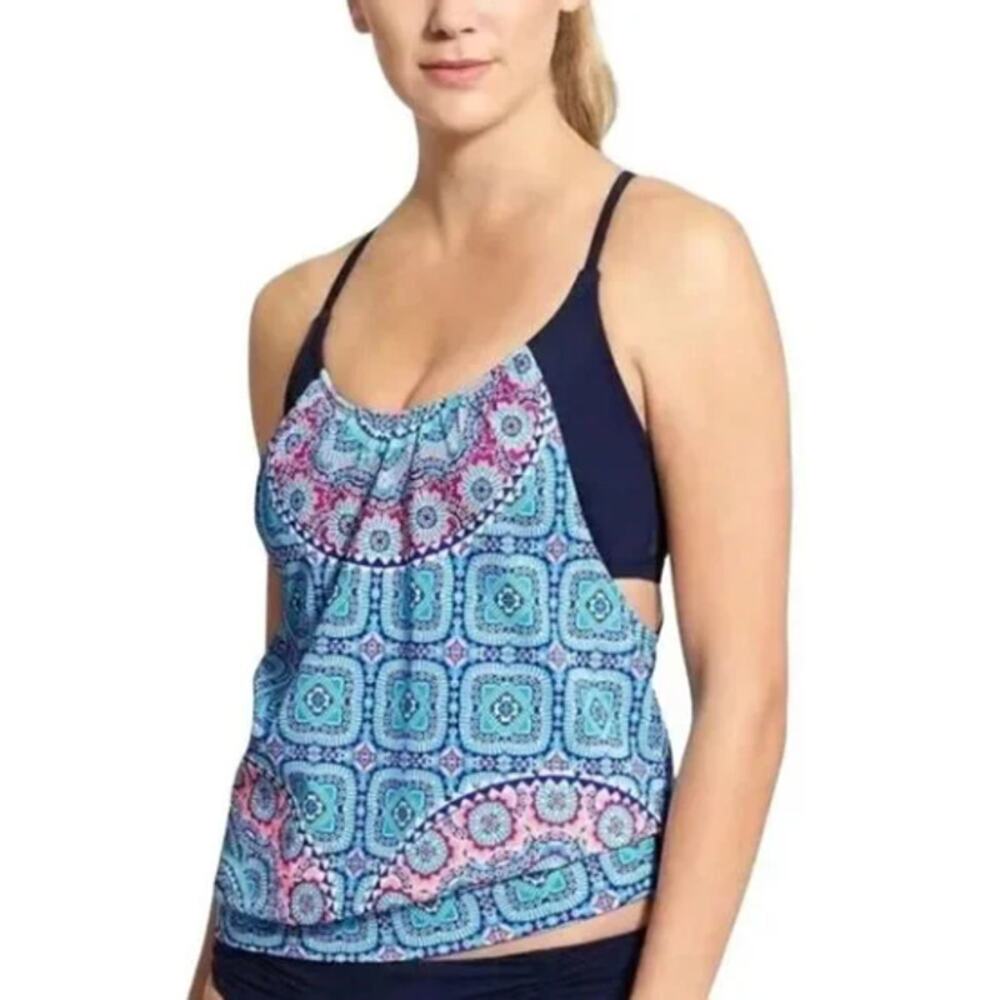 Athleta Fiji Blousy Swim Tankini Top Blue Coral Turquoise 34 B/C